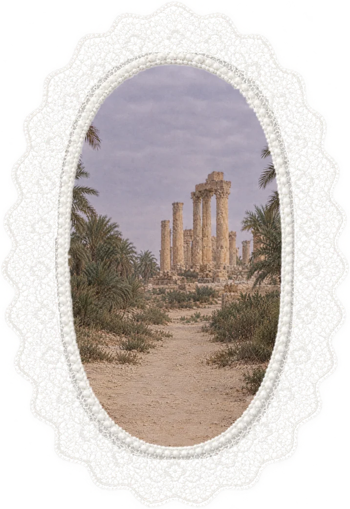Date palms and old stone columns under a grey sky, framed in an oval of white lace